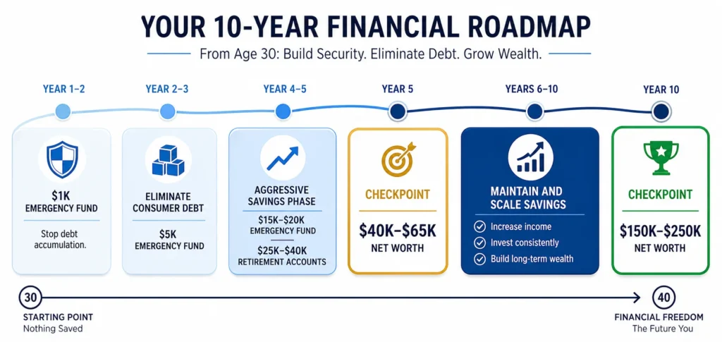 10-year financial progression roadmap starting at age 30 with zero savings, showing: years 1-3 (emergency fund & debt elimination), years 4-5 (aggressive savings phase reaching $40K-$65K), years 6-10 (maintenance and scaling reaching $150K-$250K net worth by age 40)
