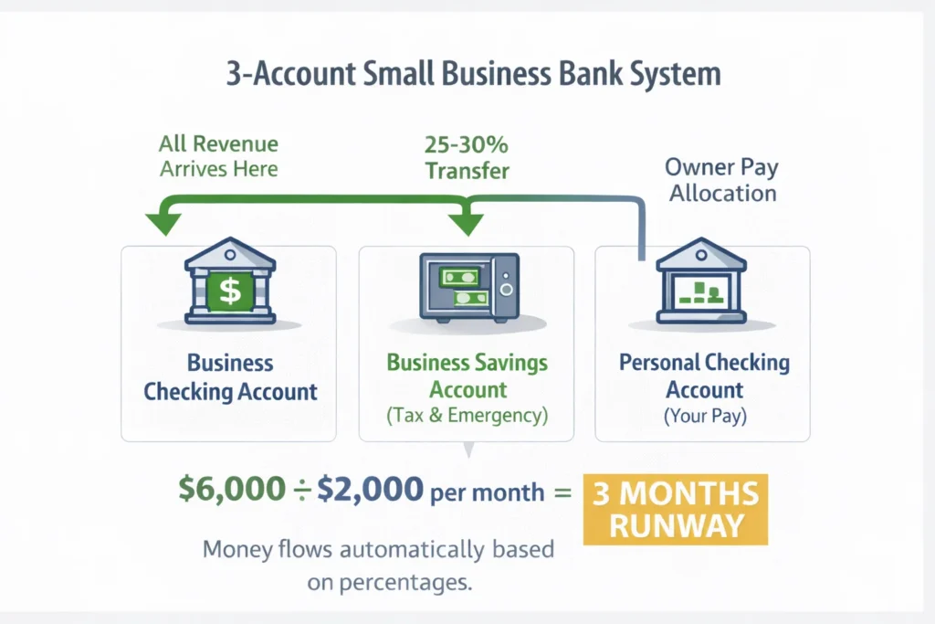 Diagram showing the three-account bank system for small business budgeting: revenue flows into business checking account, then allocates to business savings (25-30%) and personal checking (owner pay), illustrating automated budget discipline through account separation