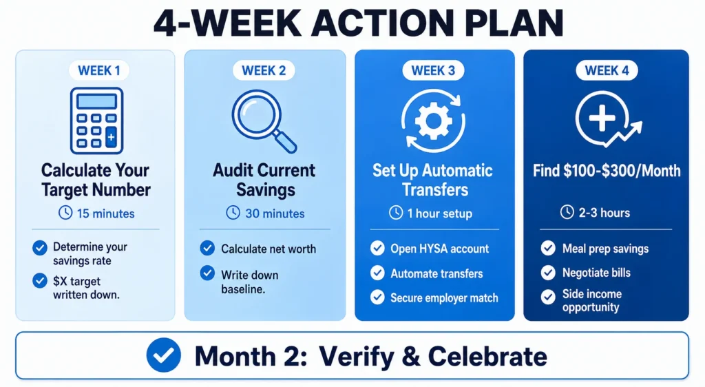 Four-week action plan infographic: Week 1 (calculate savings target, 15 min), Week 2 (audit current savings, 30 min), Week 3 (set up automatic transfers, 1 hour), Week 4 (find $100-$300 monthly savings, 2-3 hours), plus Month 2 verification and celebration