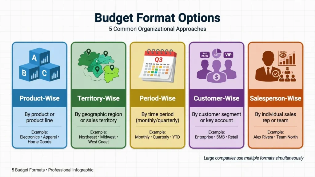 Overview infographic showing five different sales budget format options: product-wise, territory-wise, period-wise, customer-wise, and salesperson-wise, each suitable for different analytical and management purposes