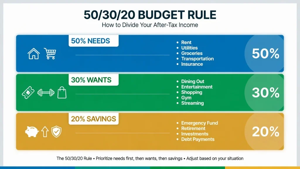 Infographic showing 50/30/20 budget breakdown with needs category at 50 percent, wants at 30 percent, and savings and debt repayment at 20 percent with expense examples