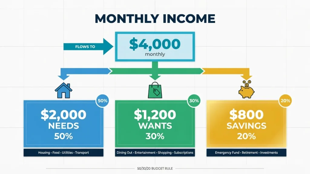 Diagram showing 50/30/20 budget calculation for $4,000 monthly take-home pay split into $2,000 needs, $1,200 wants, and $800 savings