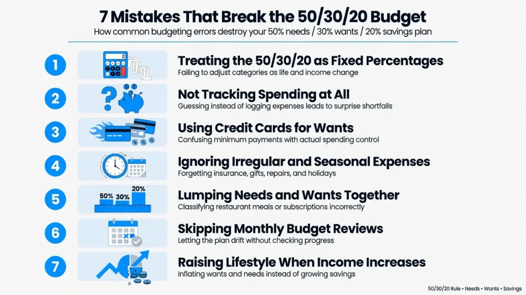 Infographic listing 7 common mistakes people make with the 50/30/20 budget rule including using gross income, miscategorizing expenses, and not automating savings