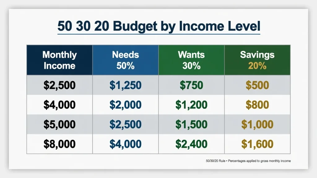 Table showing 50/30/20 budget dollar amounts at four income levels from $2,500 to $8,000 monthly take-home pay with needs wants and savings allocations