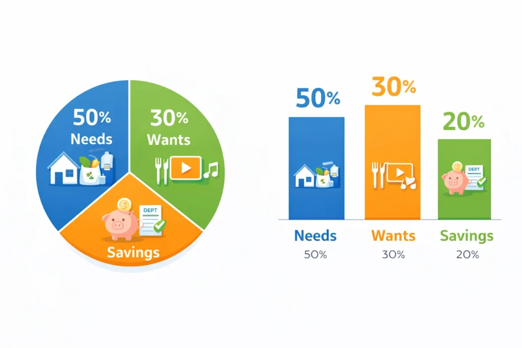 Pie chart showing 50/30/20 budget rule with 50% for needs, 30% for wants, and 20% for savings and debt repayment