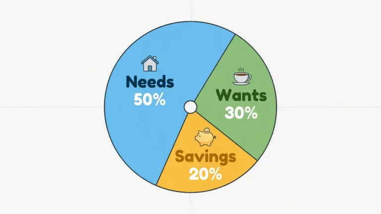 Pie chart illustration showing the 50/30/20 budget rule divided into 50 percent needs, 30 percent wants, and 20 percent savings