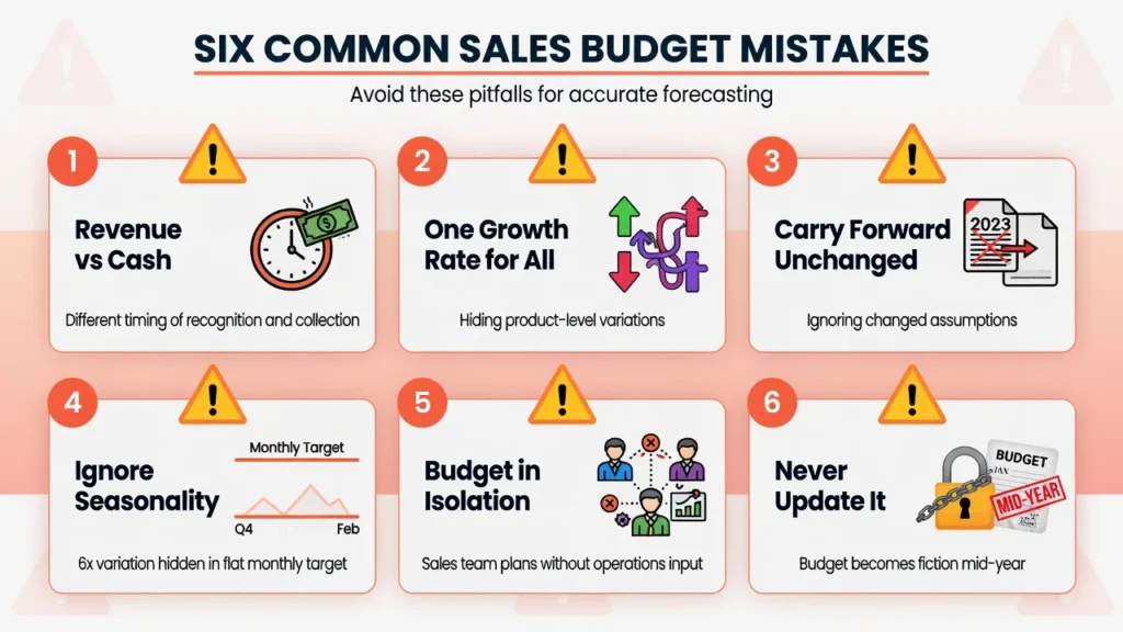 Infographic showing six common sales budget mistakes: confusing revenue with cash, using one growth rate for everything, carrying forward unchanged numbers, ignoring seasonality, setting budget in isolation, and never updating the budget
