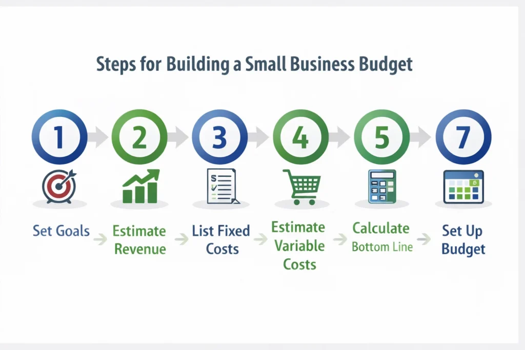 Flowchart showing the 7-step budgeting process: set goals, estimate revenue, list fixed costs, estimate variable costs, plan one-time costs, calculate bottom line, and set up budget document, providing a visual roadmap for how to budget money in a small business