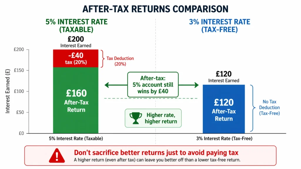 Bar chart comparison showing that a 5% taxable interest rate (yielding £160 after paying 20% tax on £200 interest) still beats a 3% tax-free rate (yielding £120), illustrating why after-tax returns matter more than just minimizing taxes.