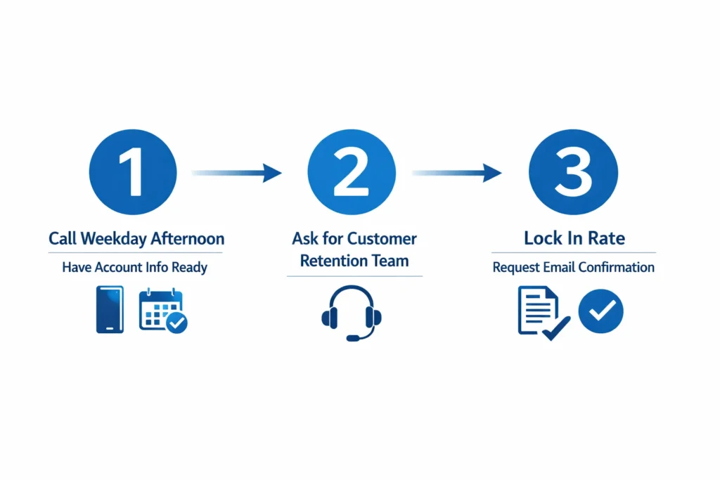 Three-step process diagram for negotiating lower internet and cable bills: call retention team, request discounts, lock in rate