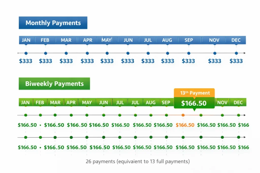 Diagram showing biweekly payment schedule resulting in 13 annual payments versus 12 monthly payments