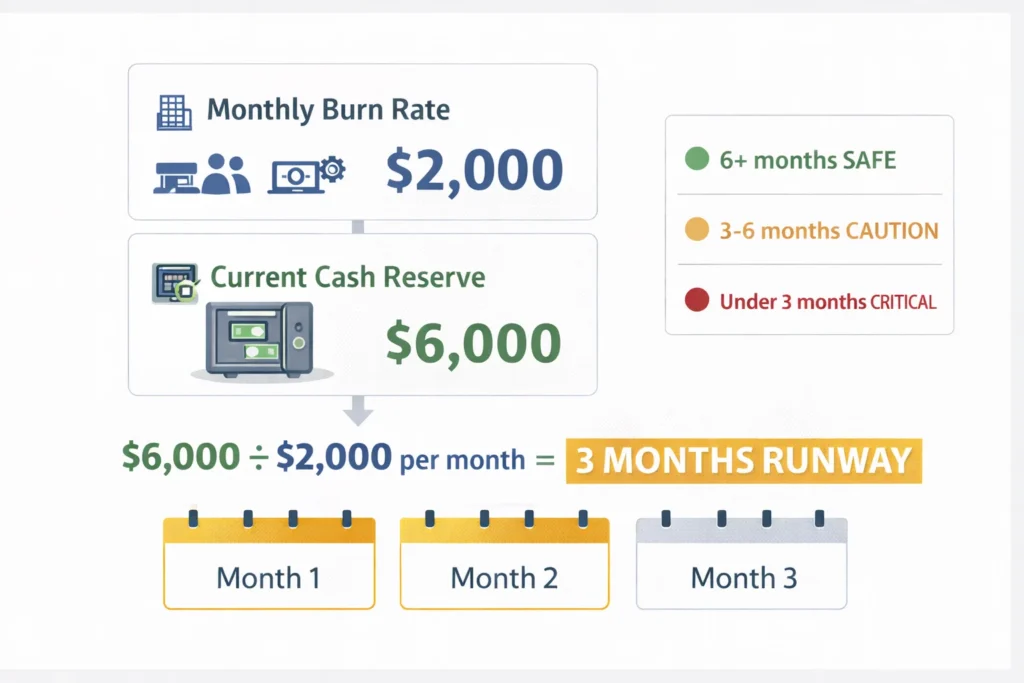 Infographic showing how to calculate business burn rate (monthly costs) and runway (months of survival): example shows $2,000 monthly burn rate and $6,000 cash reserve equals 3 months runway, demonstrating critical small business financial health metric