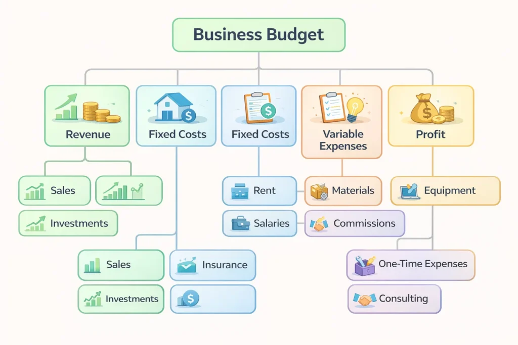 Infographic showing essential budget categories for business including revenue, fixed costs, variable expenses and profit
