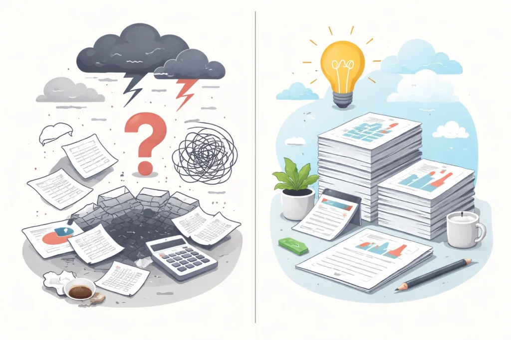 Split illustration showing business financial chaos without budget versus clarity and control with proper budget planning
