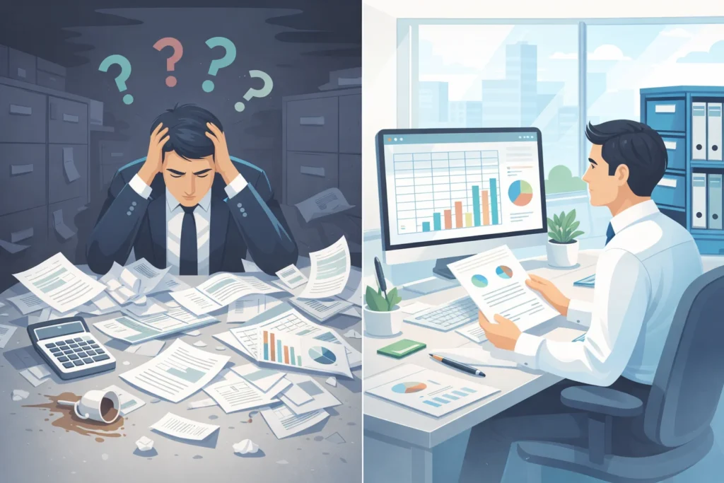 Split illustration showing business financial chaos versus organized budget planning clarity for small businesses