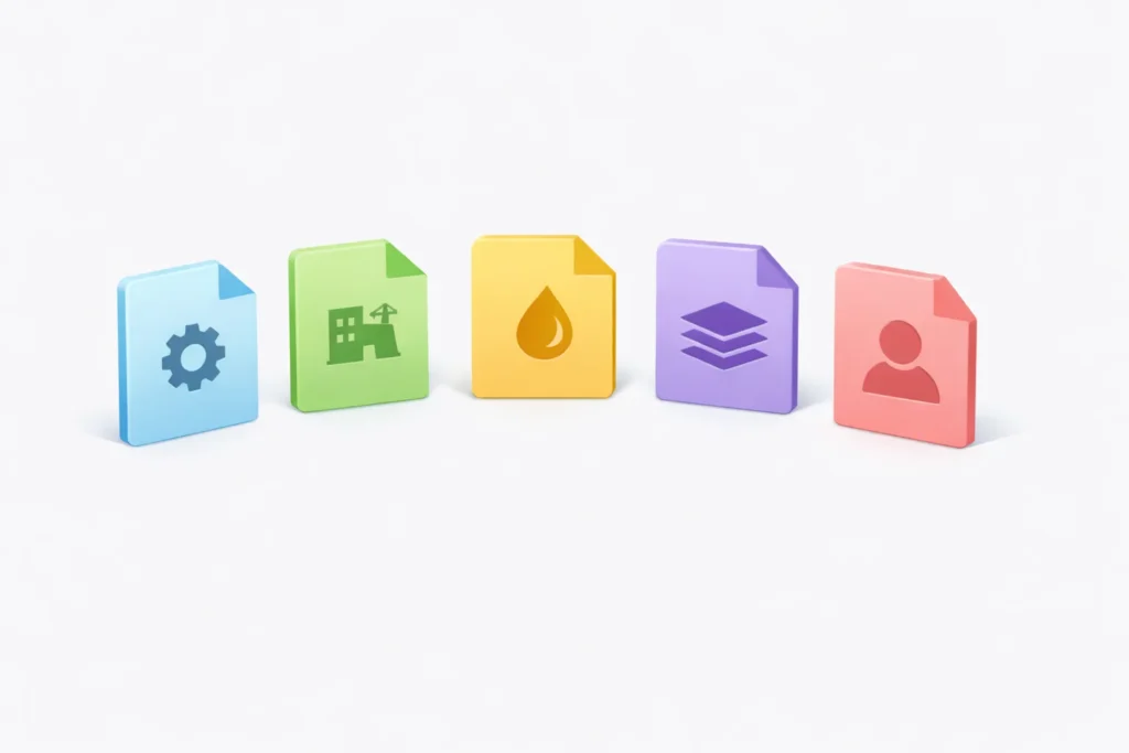Isometric illustration of five pastel document icons representing different business budget types in a clean arc layout