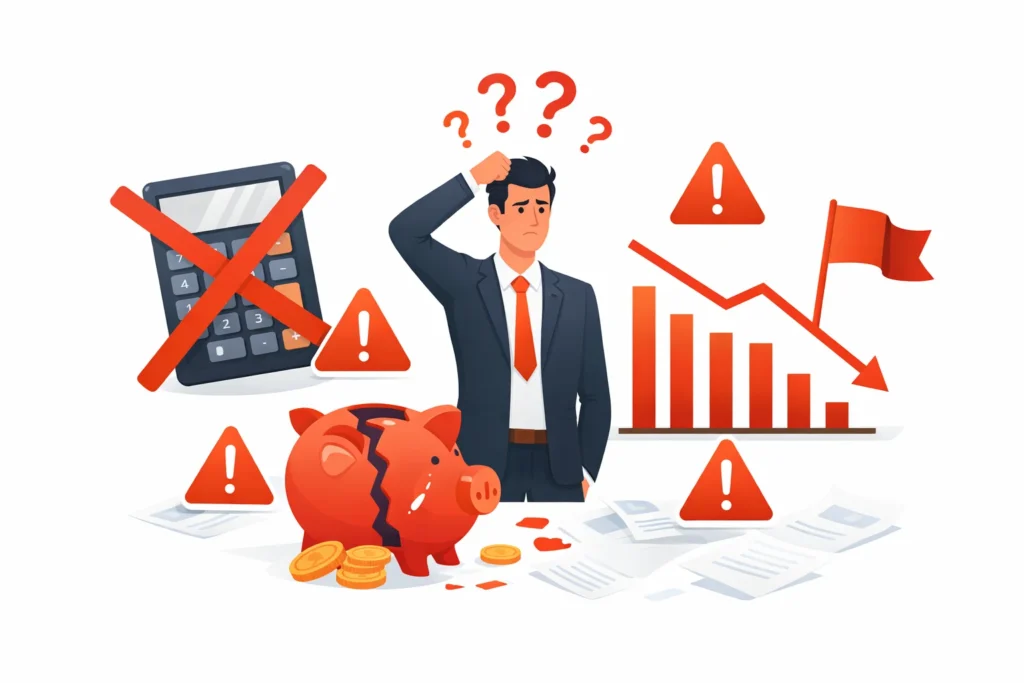 Illustration of business budgeting mistakes showing confused professional, broken piggy bank, declining graph, and warning signs