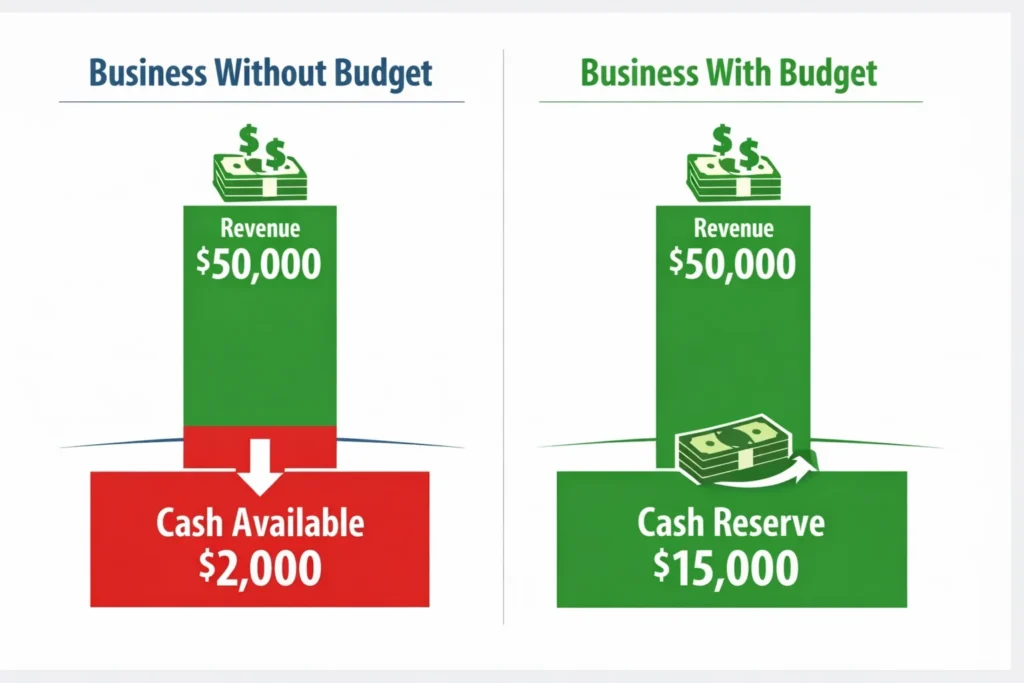 Infographic comparing cash flow between a business without budgeting (high revenue, low cash) and business with budgeting (high revenue, healthy cash reserves), demonstrating the importance of budgeting in small business