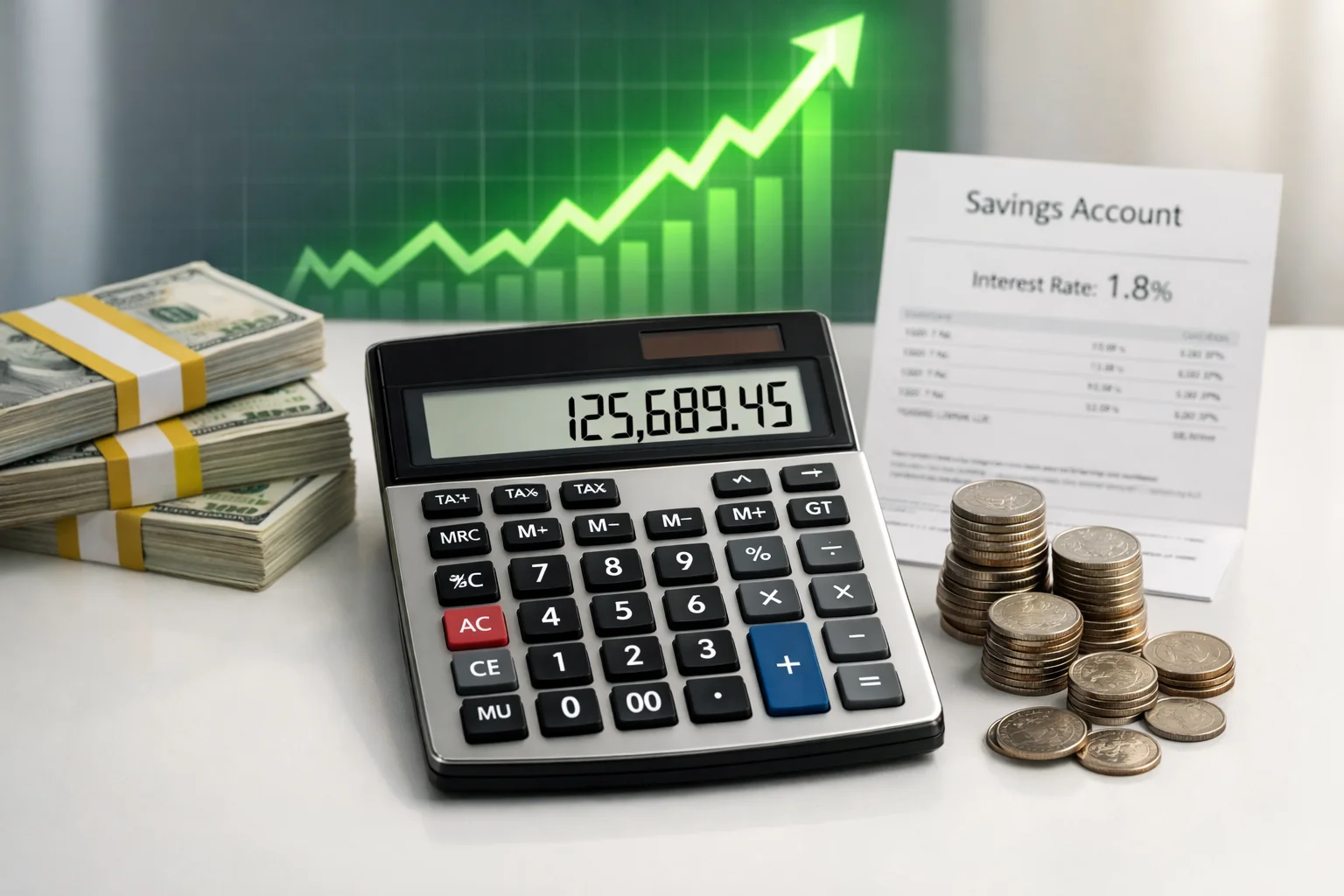 Financial calculator with cash and growth arrow illustrating savings account interest calculation and compound growth concept