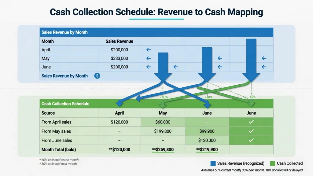 Infographic showing how monthly revenue maps to cash collections under a 60/30/10 collection policy, with April through June revenue becoming cash collections spread across multiple months
