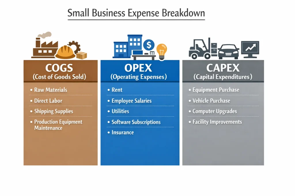 Infographic explaining the three budget expense categories: COGS (direct production costs like materials and labor), OPEX (operating overhead like rent and utilities), and CAPEX (capital investments like equipment), showing examples of each to help organize small business budget categories