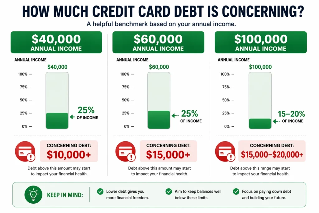 Comparison chart showing concerning credit card debt thresholds based on three different annual income levels: $10,000 concerning at $40,000 income, $15,000 at $60,000 income, and $15,000-$20,000 at $100,000 income