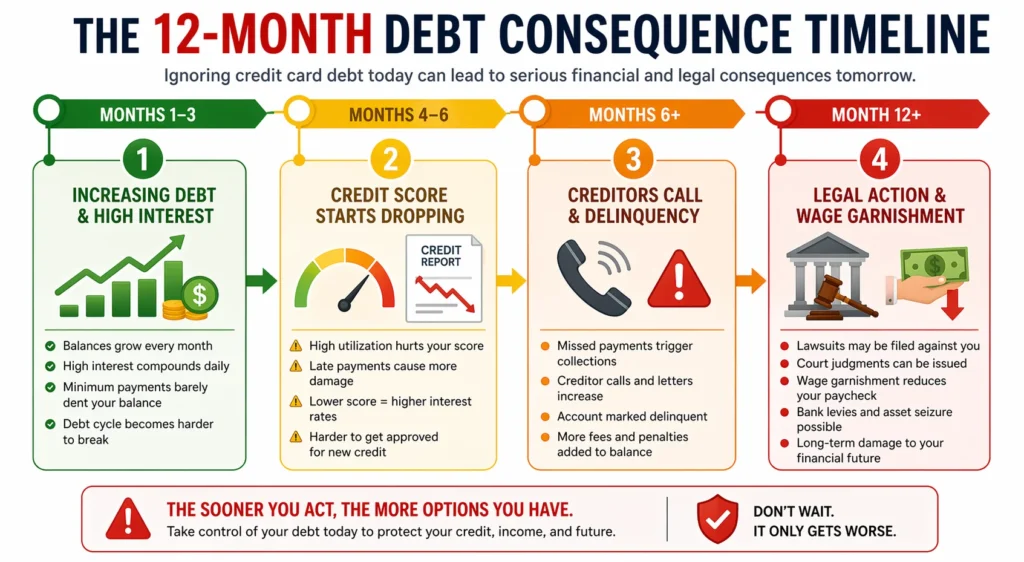 Timeline infographic showing the escalating consequences of excessive credit card debt over 12 months, progressing from increasing debt and interest charges through credit score decline, delinquency, creditor calls, to legal action and wage garnishment