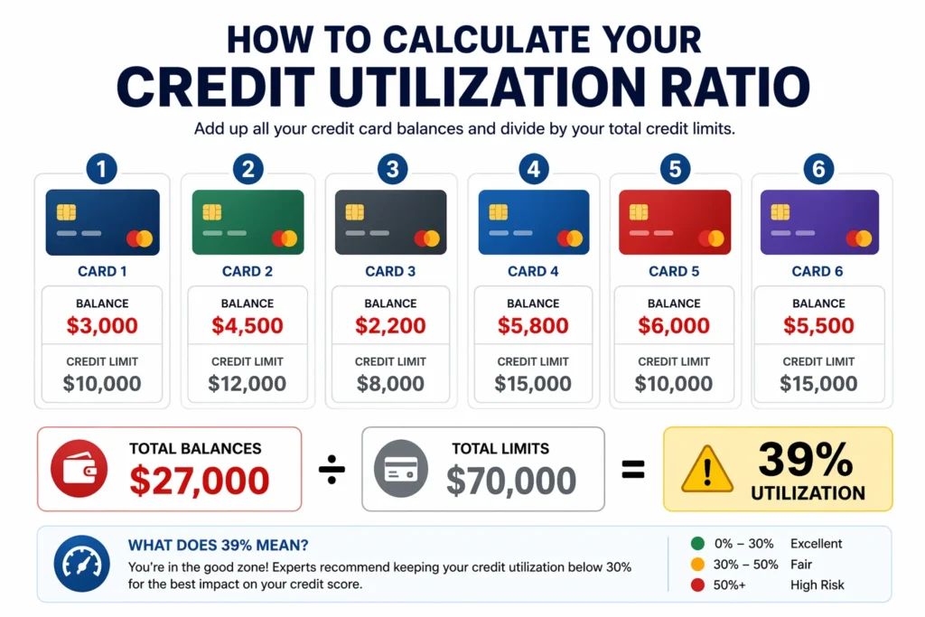 Example showing how to calculate credit utilization ratio across six credit cards by totaling all balances and dividing by total credit limits, resulting in 39% utilization