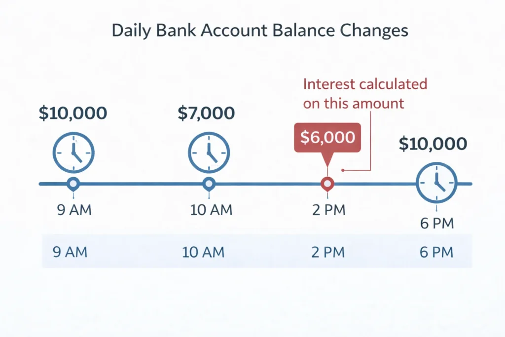 Timeline showing account balance changes throughout day with interest calculated on lowest balance of $6,000 despite ending at $10,000