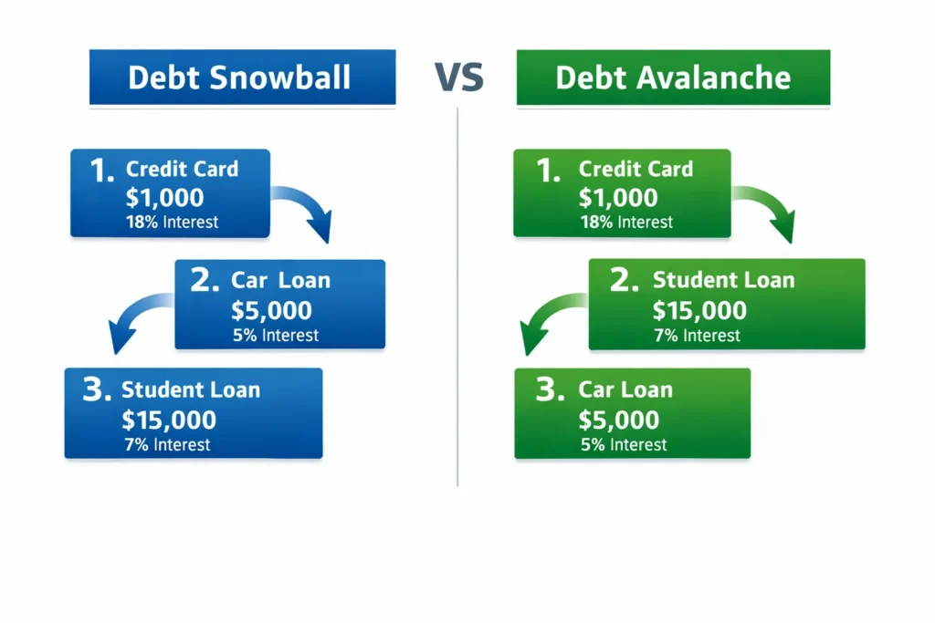 Infographic comparing debt snowball method paying smallest loans first versus debt avalanche method paying highest interest rates first