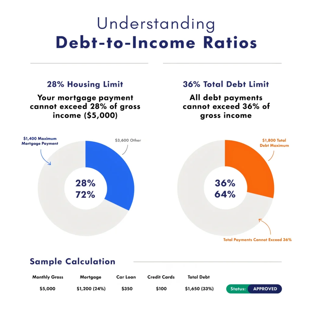 Two pie charts showing debt-to-income ratio limits: housing expenses limited to 28% of gross monthly income (example $1,400 on $5,000 gross) and total debt payments limited to 36% of gross income (example $1,800 on $5,000 gross), with sample calculation showing mortgage, car loan, and credit card payments totaling 33% DTI