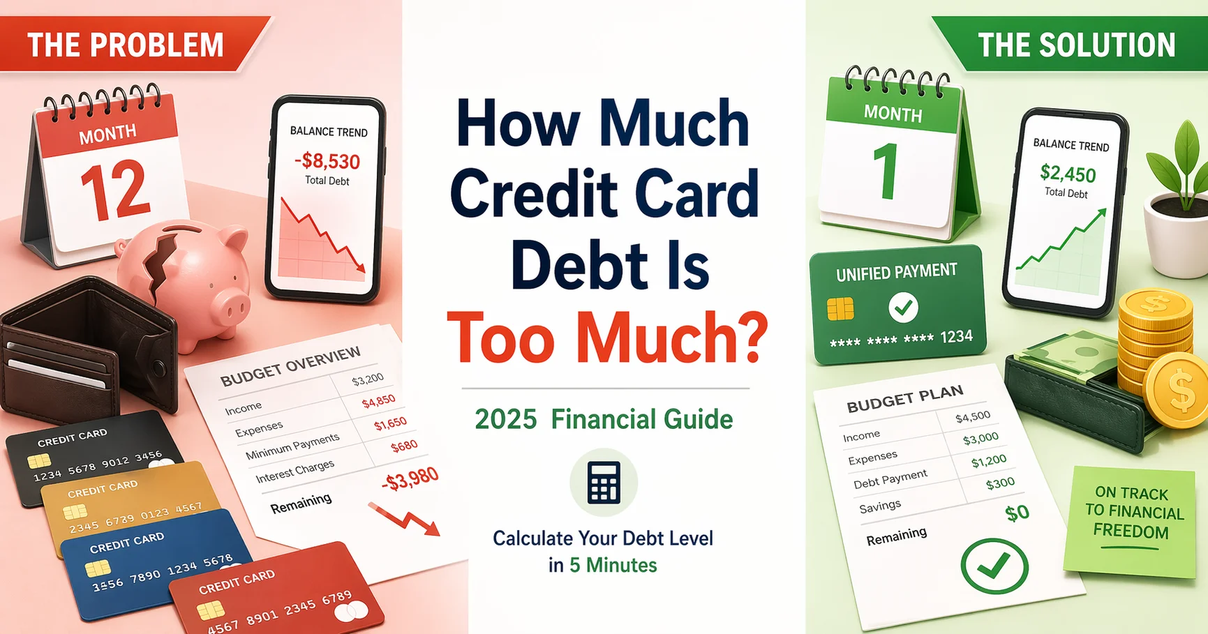 Infographic comparing debt-to-income ratio and credit utilization ratio benchmarks with color-coded safe, danger, and crisis zones for assessing credit card debt levels