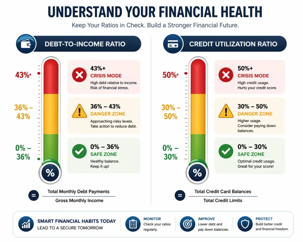 Infographic comparing debt-to-income ratio and credit utilization ratio benchmarks with color-coded safe, danger, and crisis zones for assessing credit card debt levels