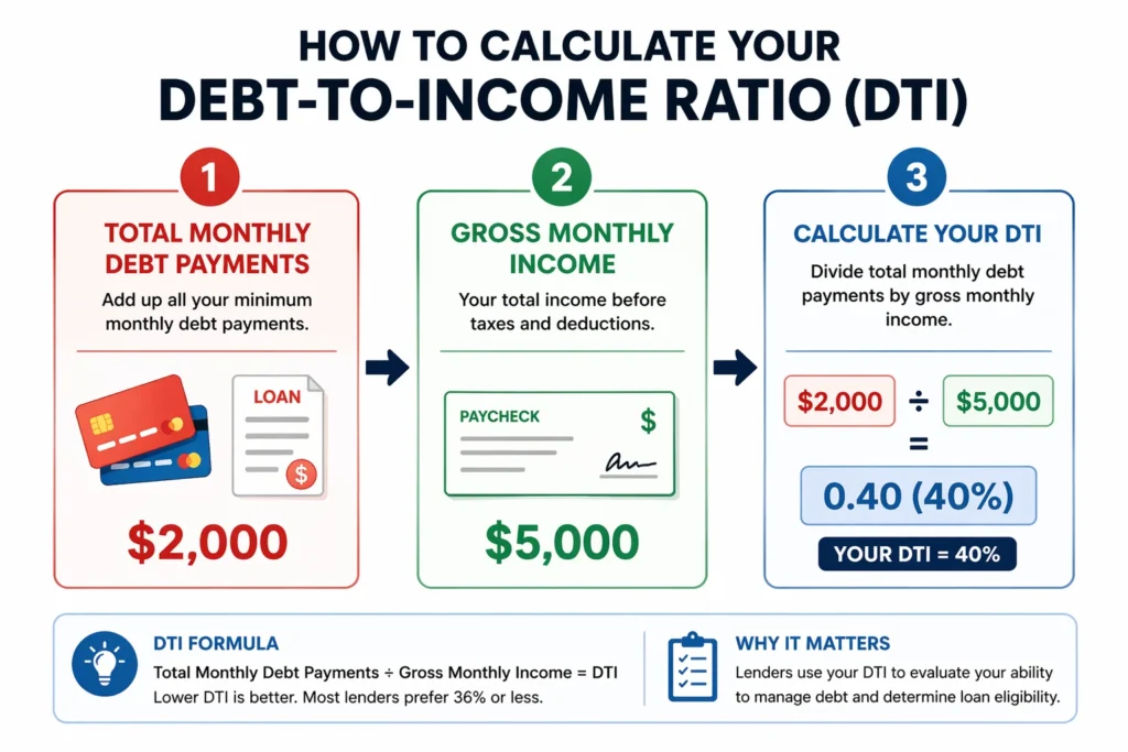 Step-by-step diagram showing how to calculate debt-to-income ratio by dividing total monthly debt payments by gross monthly income, with example calculation resulting in 40% DTI