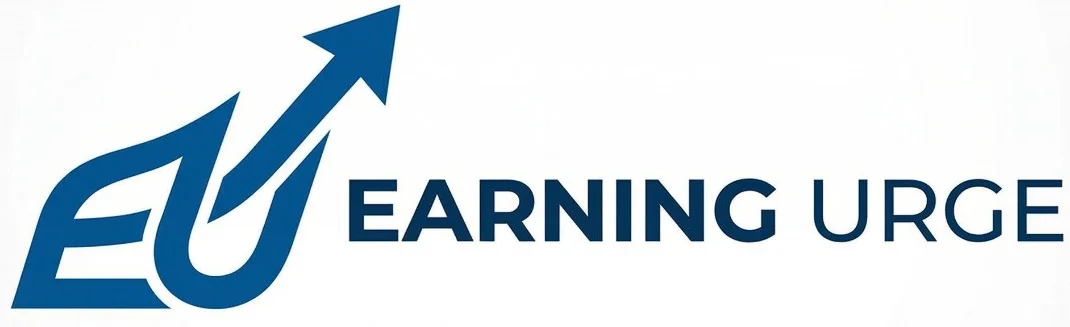 Blue logo for Earning Urge featuring stylized 'EU' initials with an upward-pointing arrow integrated into the letter U.
