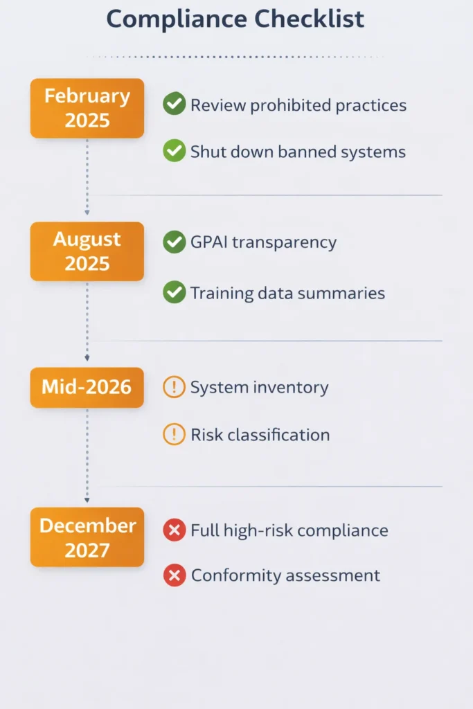 EU AI Act compliance checklist organized by deadline showing completed tasks from February and August 2025 and upcoming requirements for 2026 and December 2027