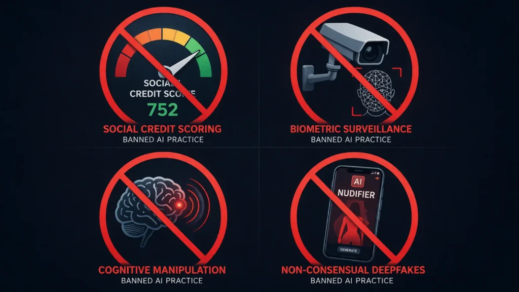 Four prohibited AI practices banned under the EU AI Act since February 2025: social scoring systems, real-time biometric surveillance, cognitive behavioral manipulation, and nudifier apps