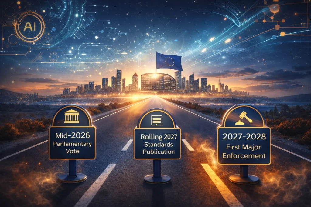 EU AI Act future developments roadmap showing three key milestones: mid-2026 Parliamentary vote, 2027 standards publication, and 2027-2028 first major enforcement actions