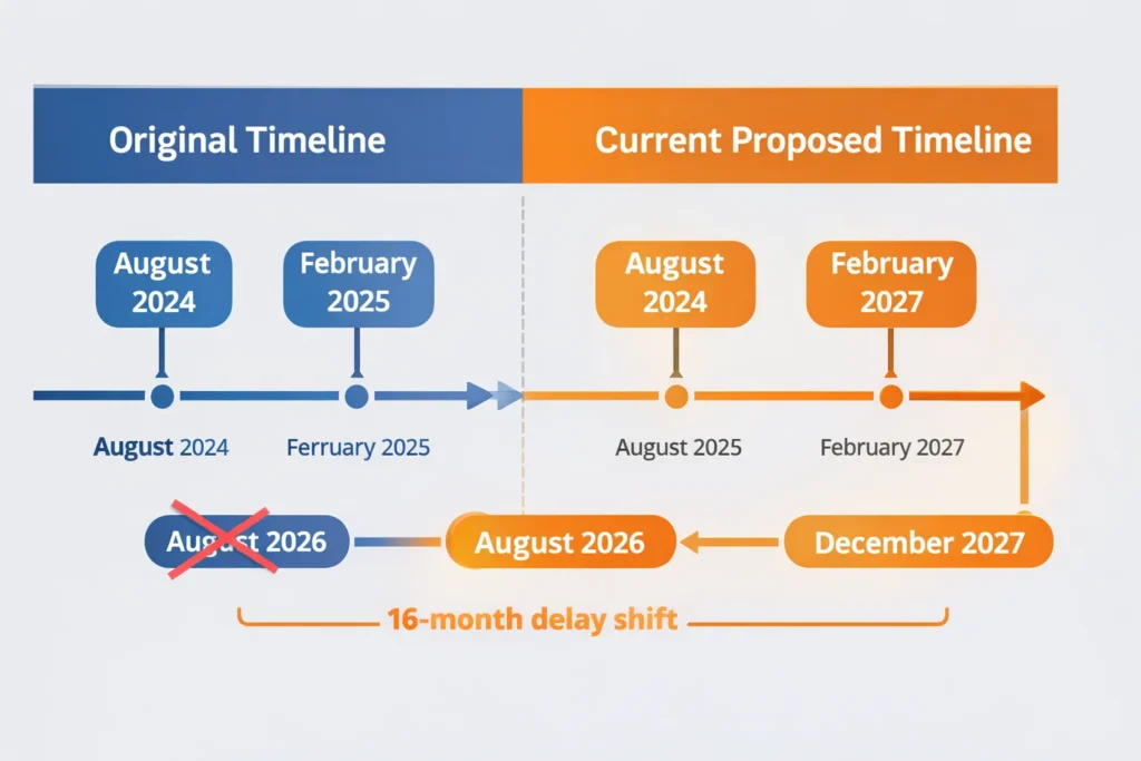 EU AI Act implementation timeline comparison showing original August 2026 deadline versus proposed December 2027 deadline for high-risk AI compliance with 16-month delay highlighted