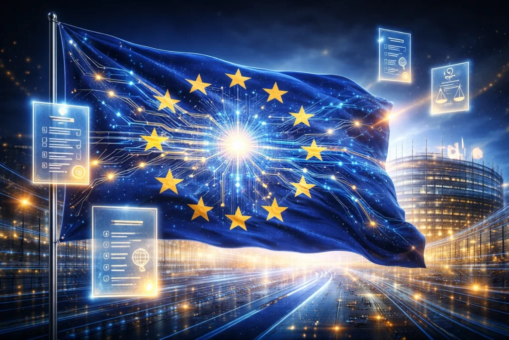 EU AI Act 2026 news updates showing European Union flag integrated with artificial intelligence neural network symbolism and EU Parliament building