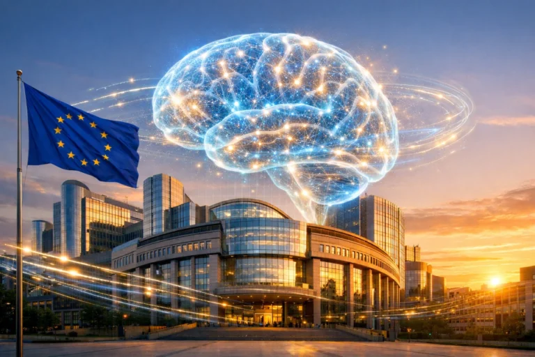 EU AI Act news 2026 featured image showing European Union Parliament building in Brussels with AI artificial intelligence neural network hologram symbolizing Europe's comprehensive AI regulation framework
