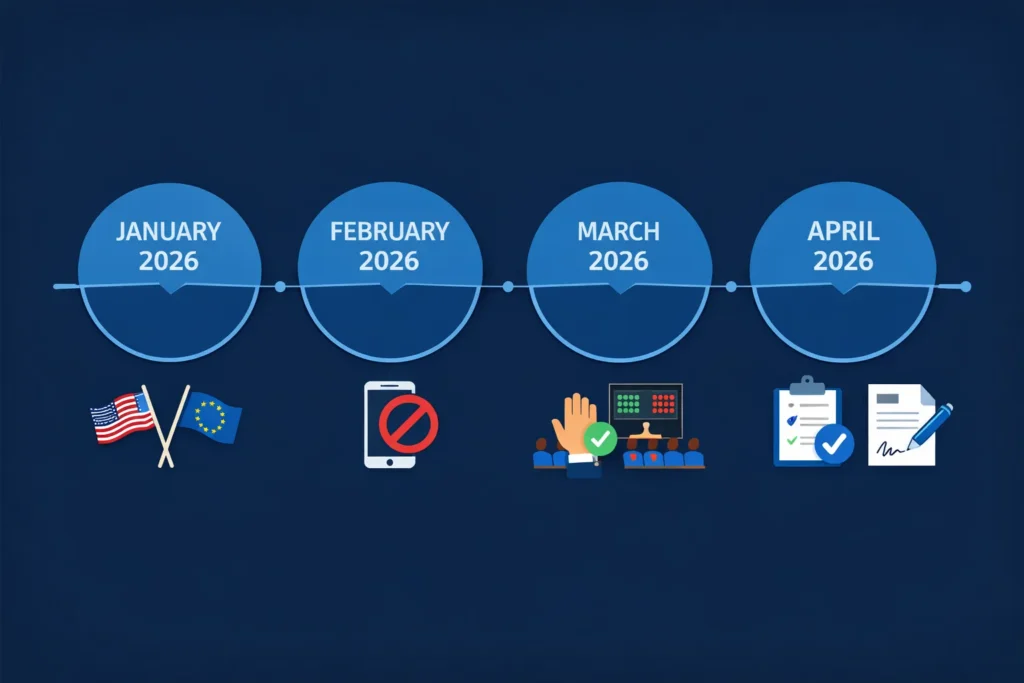 EU AI Act news timeline showing chronological updates from January 2026 through April 2026 including Digital Omnibus proposal, Parliament votes, nudifier ban, and member state reviews