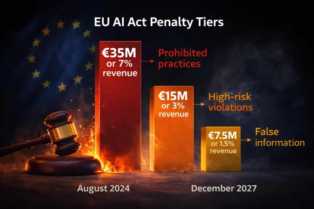 EU AI Act penalty structure showing three tiers of fines from 35 million euros or 7 percent of global revenue for prohibited practices down to 7.5 million euros for providing false information