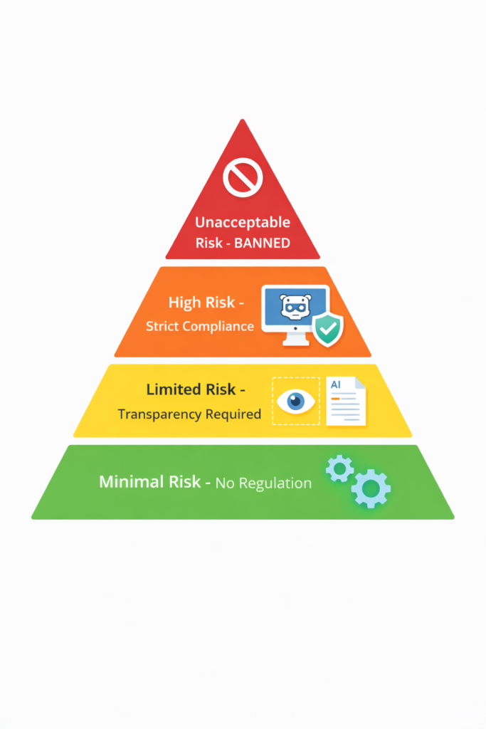 EU AI Act four-tier risk classification pyramid showing unacceptable risk banned practices at top, high risk requiring strict compliance, limited risk needing transparency, and minimal risk with no regulation at bottom