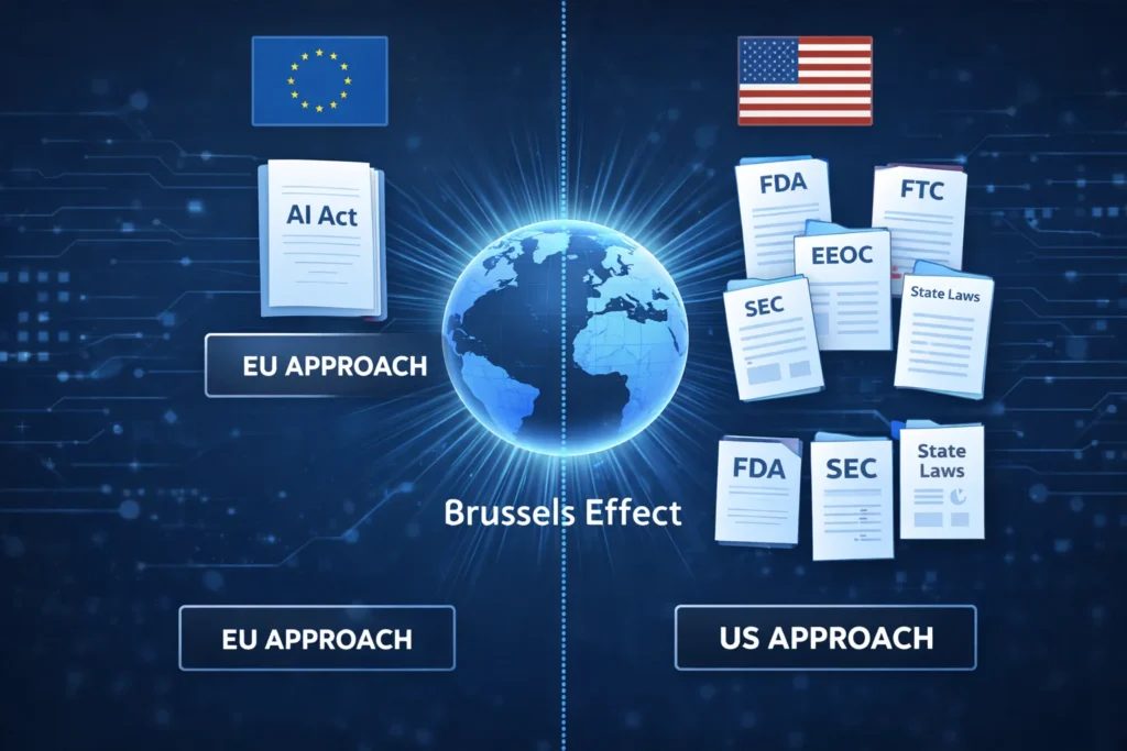 Comparison of EU unified AI Act approach versus fragmented US sector-specific AI regulation with the Brussels Effect shown radiating globally