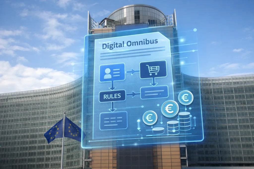 European Commission building in Brussels displaying the Digital Omnibus proposal document aimed at saving businesses one billion euros annually in AI compliance costs