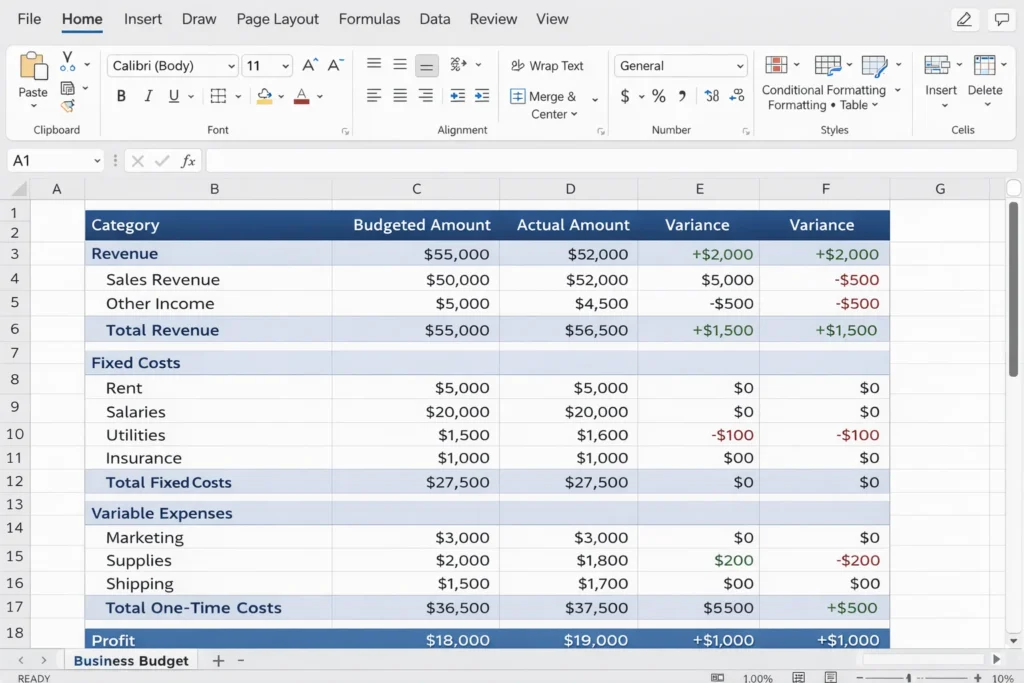 Excel spreadsheet screenshot showing business budget template with categories, budgeted amounts and variance columns