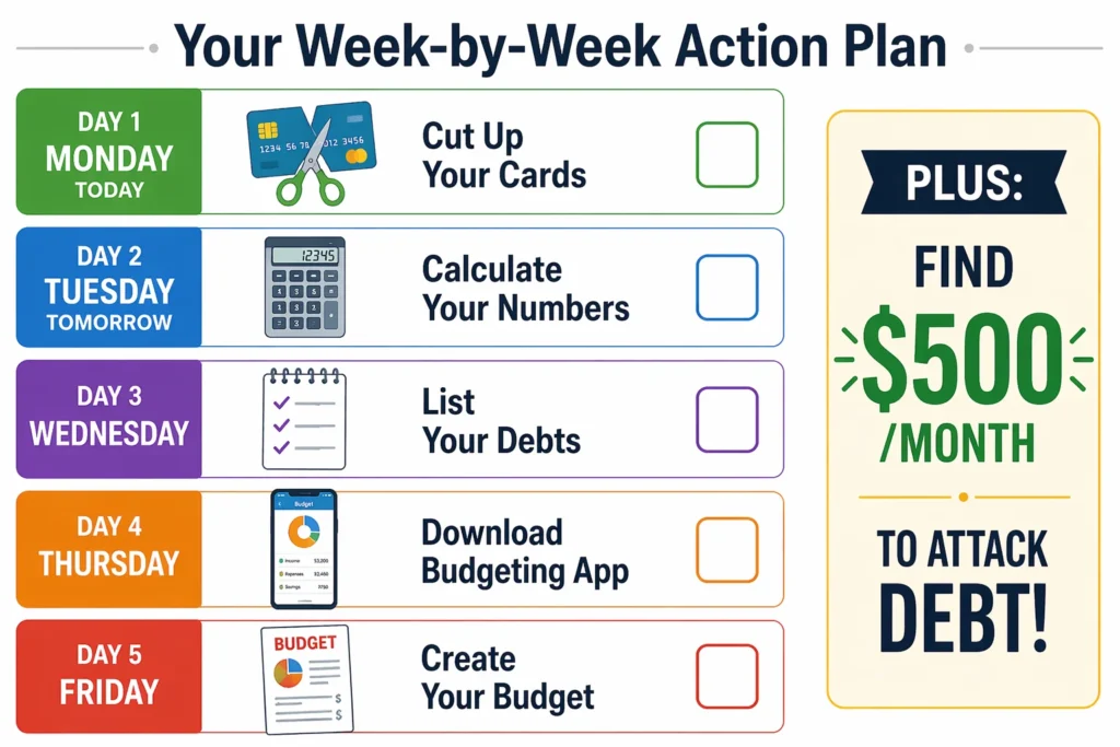 Weekly action plan checklist showing five days of specific debt reduction steps including cutting cards, calculating debt ratios, listing debts, downloading budgeting app, and creating a budget
