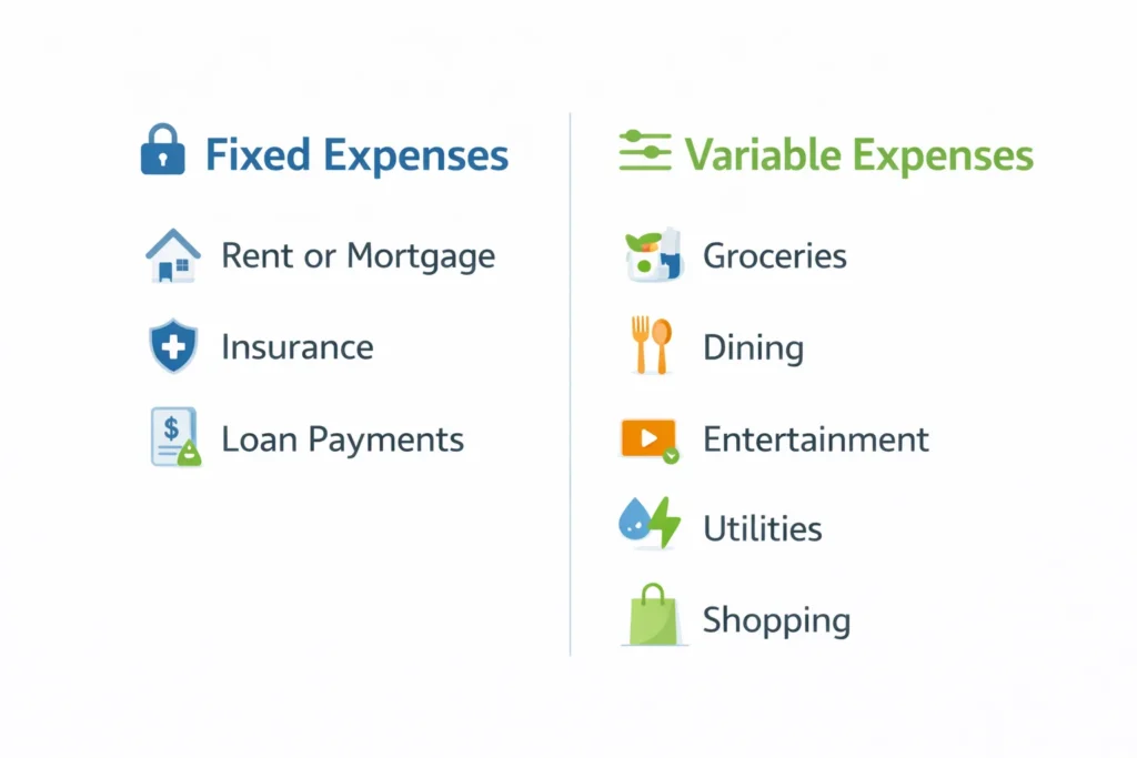 Comparison chart showing fixed expenses like rent and insurance versus variable expenses like groceries and entertainment