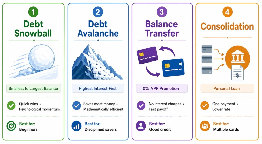 Comparison of four credit card debt reduction methods including debt snowball, debt avalanche, balance transfer, and debt consolidation, showing advantages and ideal situations for each method